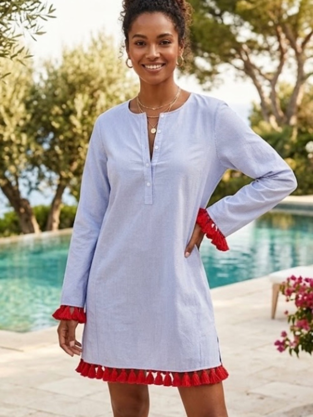 Tory Burch Striped Tunic Dress Tassel Cover Up Blue White Red Small Resort
